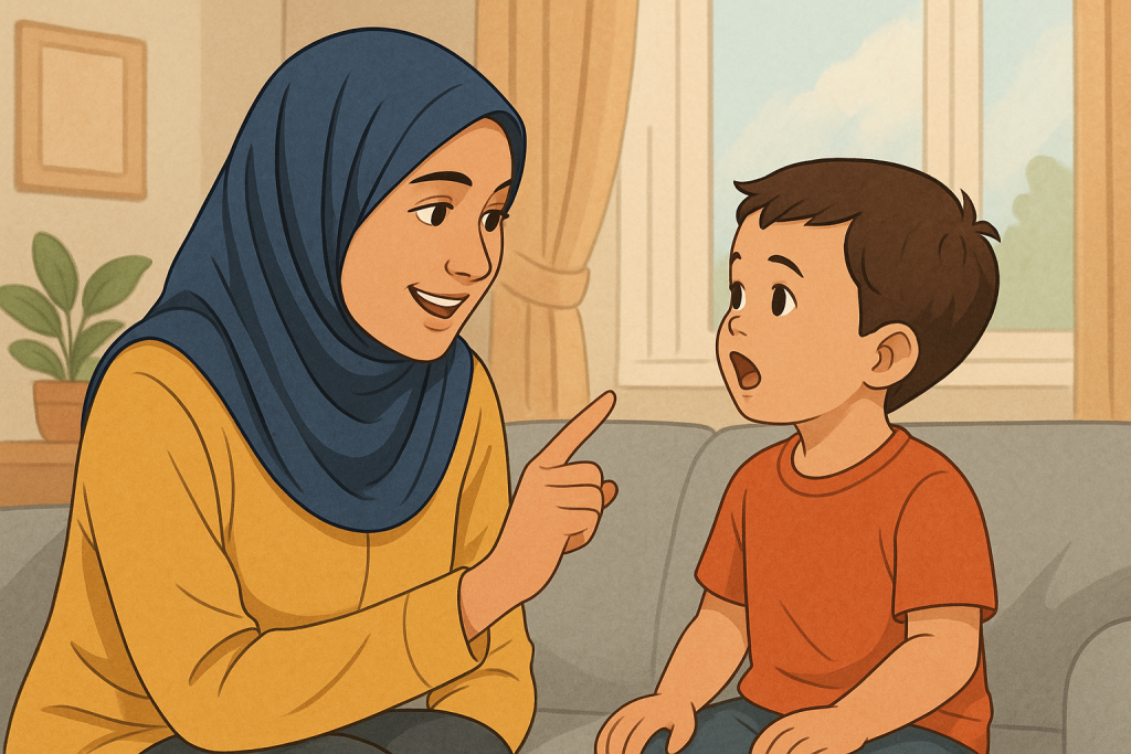 stimulasi perkembangan anak lambat bicara dengan berbicara penuh kasih di ruang tamu.